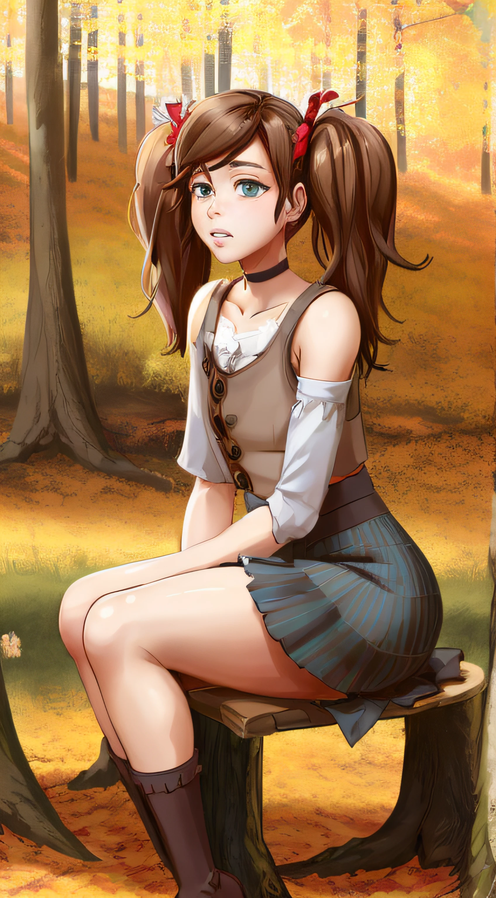 (Majalis:1.2), (1boy, femboi, Hiro:1.1), brown hair, twintails, flat chest, macro shot, lips, biting the lips, Long hair, looking a viewer, macro shot, Lashes, 独奏, blue eyes, Anime girl sitting on a stump in the forest with a fire, at a campfire in the forest, 🍁 Cute, artwork in the style of guweiz, made with anime painter studio, artgerm and atey ghailan, makoto sinkai ( Apex Legends ), autumn season, forest picnic, 🍂 Cute, realistic anime style, official artwork