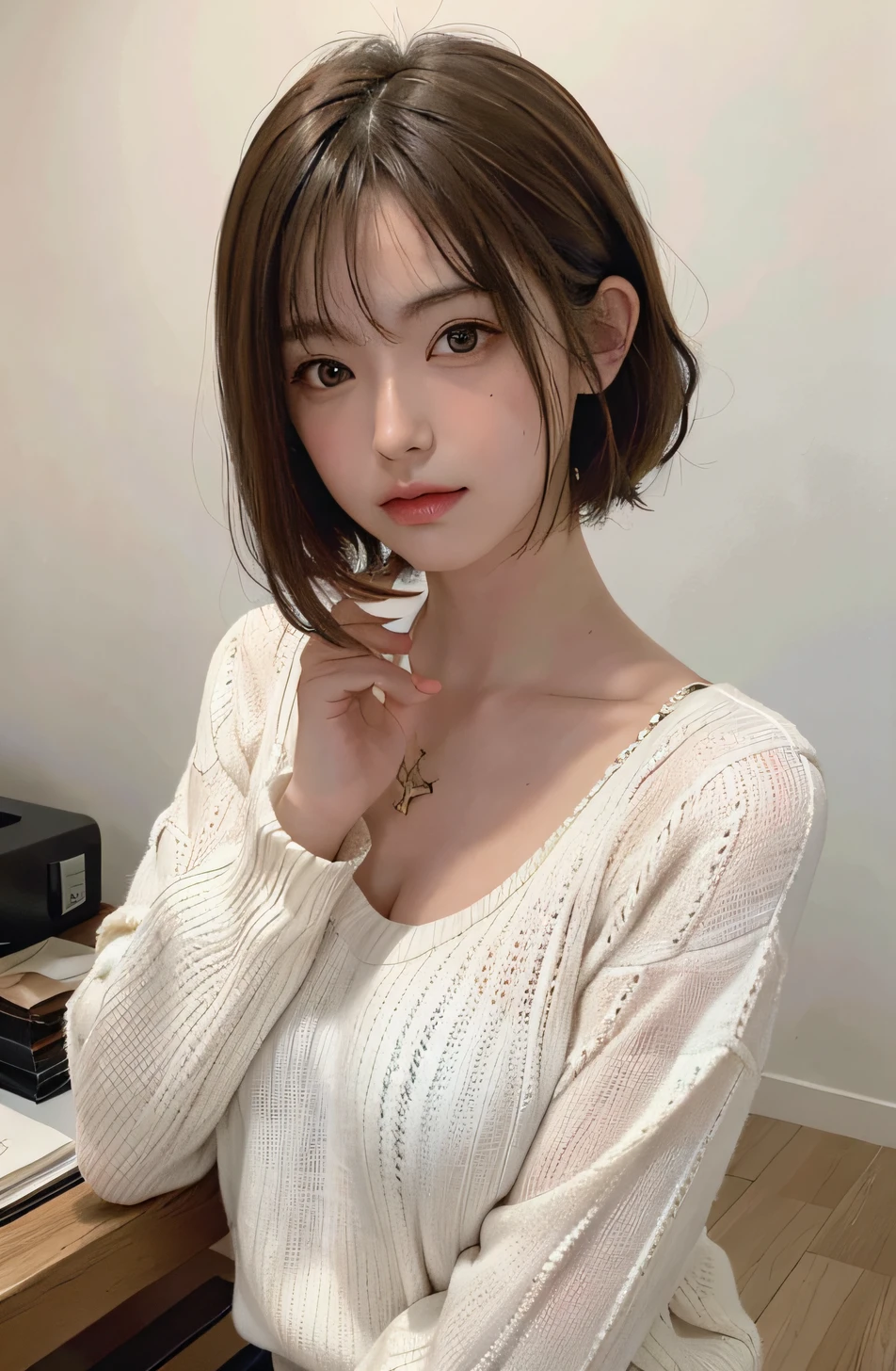 (A hyper-realistic), (illustratio), (hight resolution), (8K), (ighly detailed), (The best illustrations), (beatiful detailed eyes), (top-quality), (ultra-detailliert), (masterpiece), (wall-paper), (详细的脸), drooing eyes,full of sweat,Upper body close-up,Armpit,short-hair,inner colored,独奏,Girl wearing a simple white knit sweater, japanes