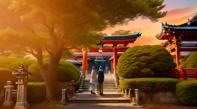 Anime scene of a couple standing on a stone walkway in front of a building, Natsume friend account, anime scene, Anime beautiful peaceful scene, beautiful anime scenes, Today’s recommended anime is still, Opening scene, in front of a temple, Inari Shrine, in style of kyoto animation, beautful view, Screenshot of the animated movie, kyoto animation still