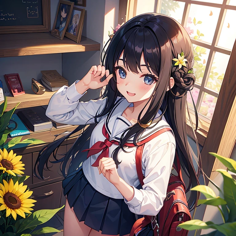 schoolgirls,quadratic element,whaite hair,flower ring,Turn Back,ssmile