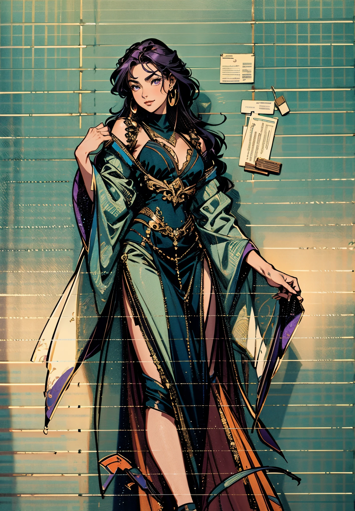 A mature woman, medium-length black-purple hair, curly bangs, sly eyes, a playful smile, an elegant and wise demeanor, a simple fantasy martial arts-style orange two-piece dress with a long skirt, wide sleeves, a flowing hem, Gracefully strolling in an ancient building towering among the mountains, this character embodies a finely crafted fantasy martial arts-style female warrior in anime style, exquisite and mature manga art style, high definition, best quality, highres, ultra-detailed, ultra-fine painting, extremely delicate, professional, anatomically correct, symmetrical face, extremely detailed eyes and face, high quality eyes, creativity, RAW photo, UHD, 8k, Natural light, cinematic lighting, masterpiece-anatomy-perfect, masterpiece:1.5