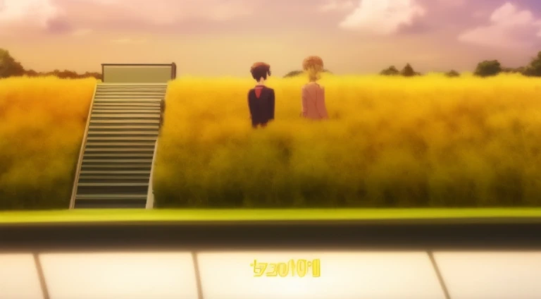 Anime scene of two people standing in a field with stairs, Today’s recommended anime is still, Still from TV animation, kyoto animation still, anime scene, animation still frame, anime movie screenshot, anime film still, anime still frame, Screenshots from the 2012 animation, Screenshot of the animated movie, anime still images, Still from anime, high quality anime movie still