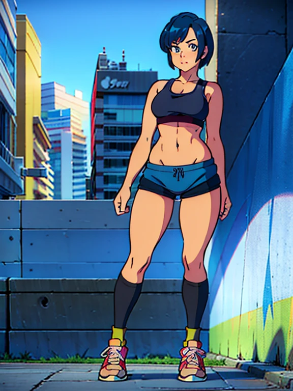 Sexy 25 year old woman, short blue hair, sports bra and workout shorts, boyshorts, spandex shorts, knee high socks, below the knee socks, athletic stripe, shoes, sneakers, standing, posing for photo, flirty, full body, crowded city street, good quality, 4k, masterpiece, pin-up