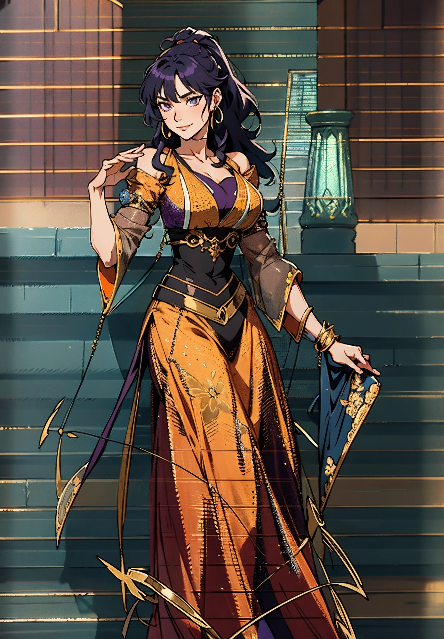 A mature woman, medium-length black-purple hair, curly bangs, sly eyes, a playful smile, an elegant and wise demeanor, a simple fantasy martial arts-style orange two-piece dress with a long skirt, wide sleeves, a flowing hem, Gracefully strolling in an ancient building towering among the mountains, this character embodies a finely crafted fantasy martial arts-style female warrior in anime style, exquisite and mature manga art style, high definition, best quality, highres, ultra-detailed, ultra-fine painting, extremely delicate, professional, anatomically correct, symmetrical face, extremely detailed eyes and face, high quality eyes, creativity, RAW photo, UHD, 8k, Natural light, cinematic lighting, masterpiece-anatomy-perfect, masterpiece:1.5