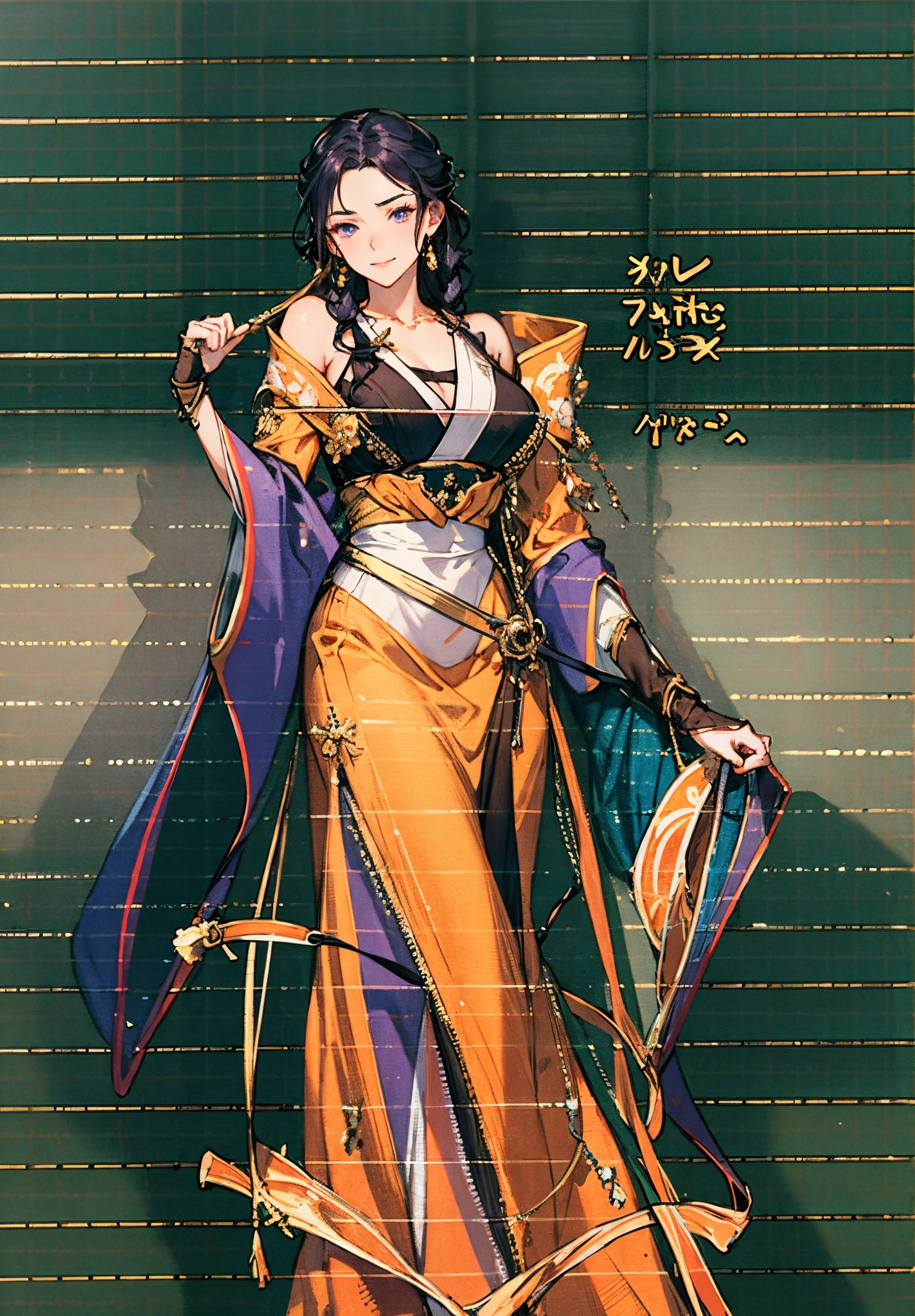 A mature woman, medium-length black-purple hair, curly bangs, sly eyes, a playful smile, an elegant and wise demeanor, a simple fantasy martial arts-style orange two-piece dress with a long skirt, wide sleeves, a flowing hem, Gracefully strolling in an ancient building towering among the mountains, this character embodies a finely crafted fantasy martial arts-style female warrior in anime style, exquisite and mature manga art style, high definition, best quality, highres, ultra-detailed, ultra-fine painting, extremely delicate, professional, anatomically correct, symmetrical face, extremely detailed eyes and face, high quality eyes, creativity, RAW photo, UHD, 8k, Natural light, cinematic lighting, masterpiece-anatomy-perfect, masterpiece:1.5