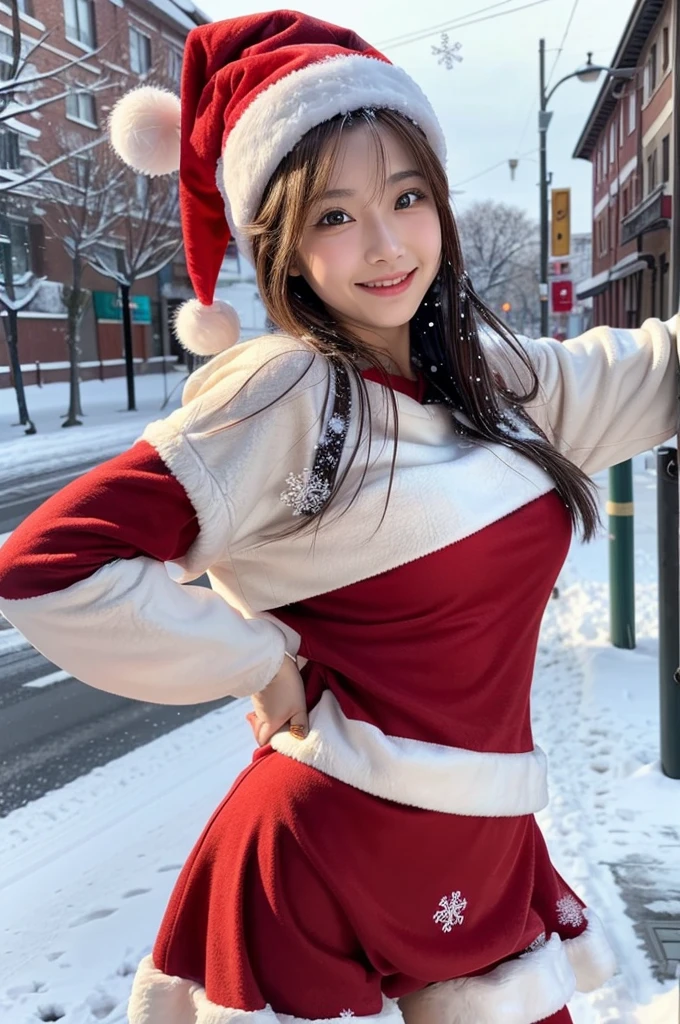 (masutepiece:1.3, Photorealsitic:1.4, 8K), top-quality, masterpiece, 超A high resolution, Perfect dynamic composition, Highly detailed skin and facial texture:1.3, A detailed eye, Detailed limbs, Christmas Eve Night, (snowflakes falling:1.4), Illuminations in the snow country:1.2, Street corner at night, 1girl in, Cute sexy 20 year old slim woman, Fair skin, (Snow fell on my body and clothes:1.3), ((A smile:0.9, Totally captivates you:1.0)), (accurate santa claus costume:1.2, Accurate Santa Claus Hats:1.1), ((voluptuous breasts:0.95)), Short boots, (Facing the front), Frolic, (Beautiful blue eyes, Eyes that feel beautiful eros:0.85), Sexy face:0.4, (A mouthfeel that feels beautiful eros:0.85), ((Too cute beauty:0.9))
