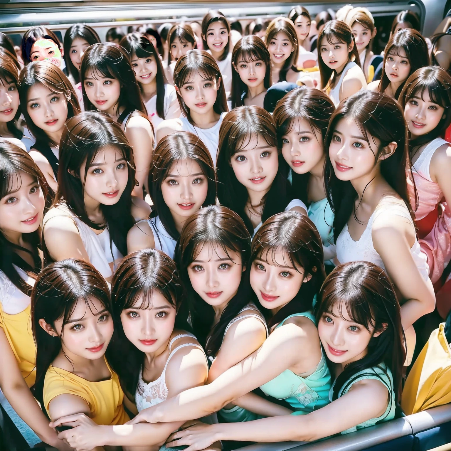 Raw photo、(((multiple girls))),((((6+girls)))),((((1000girls)))),(((10000girls)))、(((crowd shot))),((a baby face)),(((Adhesion)))、((Crammed))、((Packed))、elementary student、(Inside the crowded train)、((()))、Women only、japanes、((Same height))、The same face、((A dark-haired)),Longhaire、1000 cute women hugging and loving each other、(((Large group)))、((chiquita))、sweating、joyous expression、A crowded train full of little girl