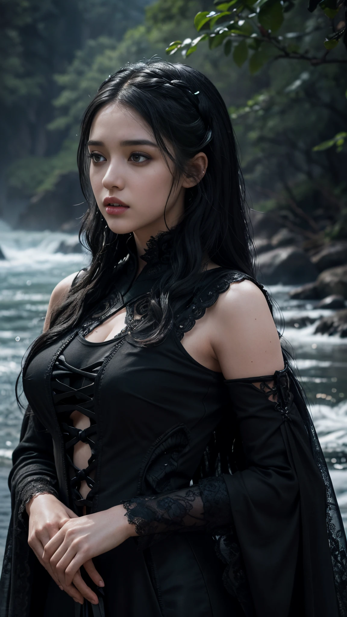 HDR 10, beautiful girl, detailed eyes, detailed lips, very long hair, black hair, ultra detailed texture, water drops, outdoors, game of thrones, black heavy dress, (high detailed black dress:1.5), lace, loops, soft lighting, attractive poses,