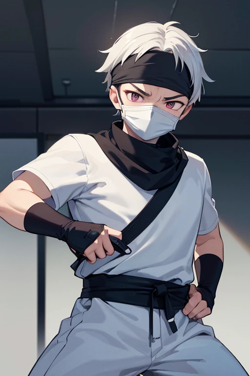 ninja boy with fabric face mask and bandana eyes only, White clothes, sneaking at day, stealthy movement, dark ceiling,(best quality,4k,8k, high res,masterpiece:1.2),ultra-detailed,physically-based rendering, professional, sharp focus, mysterious, contract lighting, glowing eyes, sneaking stance, cartoon anime, light mood, visual storytelling.