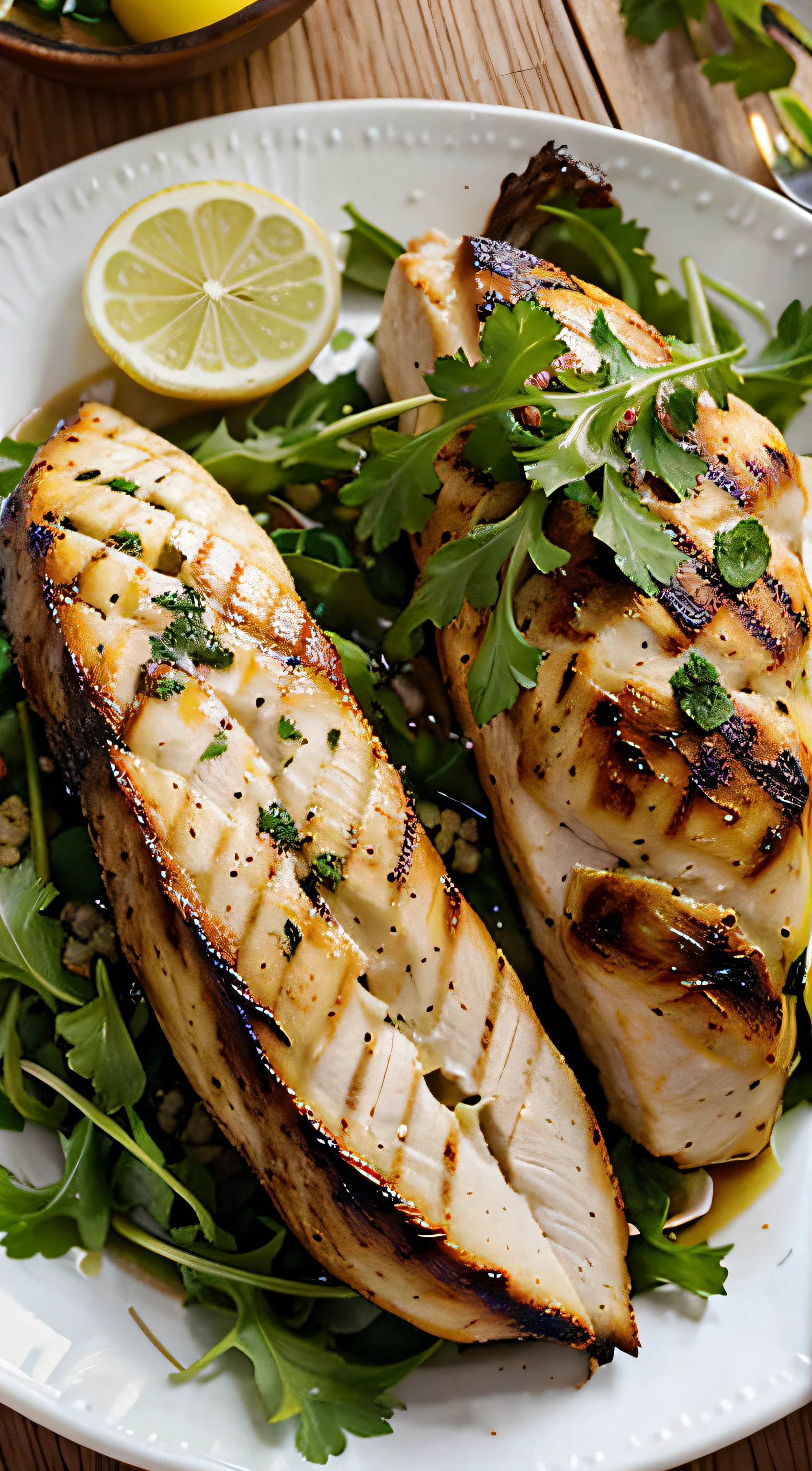 Peito de frango grelhado com salada de folhas verdes:

Season chicken breasts with lemon, sal e pimenta.
Grill until completely cooked.
Sirva com uma mistura de folhas verdes, como alface, arugula and watercress, seasoned with olive oil and balsamic vinegar.