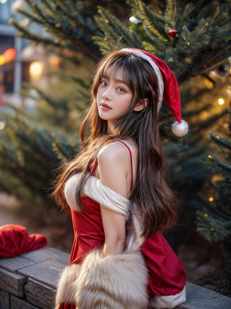 ​masterpiece、8K、32K、top-quality、(A detailed eye)、(A cute Japanese woman、bangss)、23years old、1 girl in、elegent、(Detailed background depiction、portlate:1.2)、(Christmas tree:1.4)、natta、street、(Santa Claus Costume:1.2)、is standing、(illuminations:1.4)、cowboy  shot、ssmile