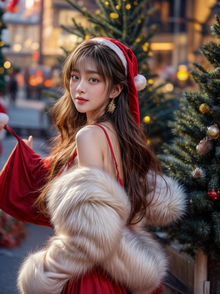 ​masterpiece、8K、32K、top-quality、(A detailed eye)、(A cute Japanese woman、bangss)、23years old、1 girl in、elegent、(Detailed background depiction、portlate:1.2)、(Christmas tree:1.4)、natta、street、(Santa Claus Costume:1.2)、is standing、(illuminations:1.4)、cowboy  shot、ssmile