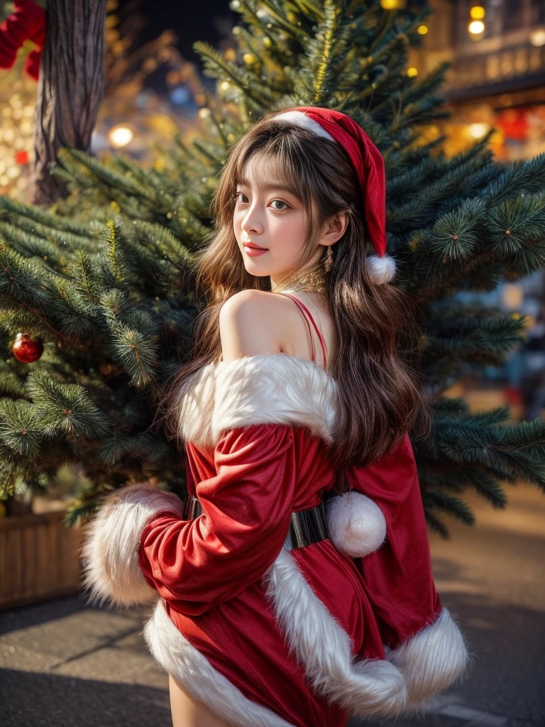 ​masterpiece、8K、32K、top-quality、(A detailed eye)、(A cute Japanese woman、bangss)、23years old、1 girl in、elegent、(Detailed background depiction、portlate:1.2)、(Christmas tree:1.4)、natta、street、(Santa Claus Costume:1.2)、is standing、(illuminations:1.4)、cowboy  shot、ssmile