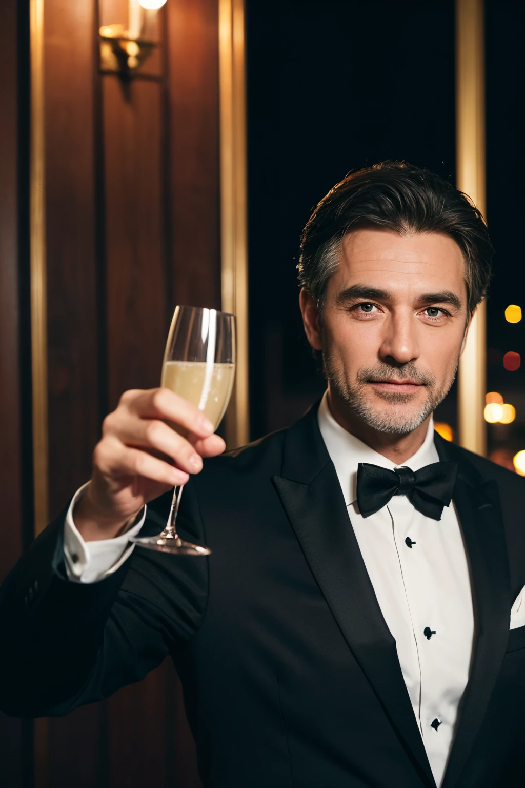 European middle-aged handsome guy，Successful black suit for men，Raising champagne glass at cocktail party，Face the lens，style of photography，banners
