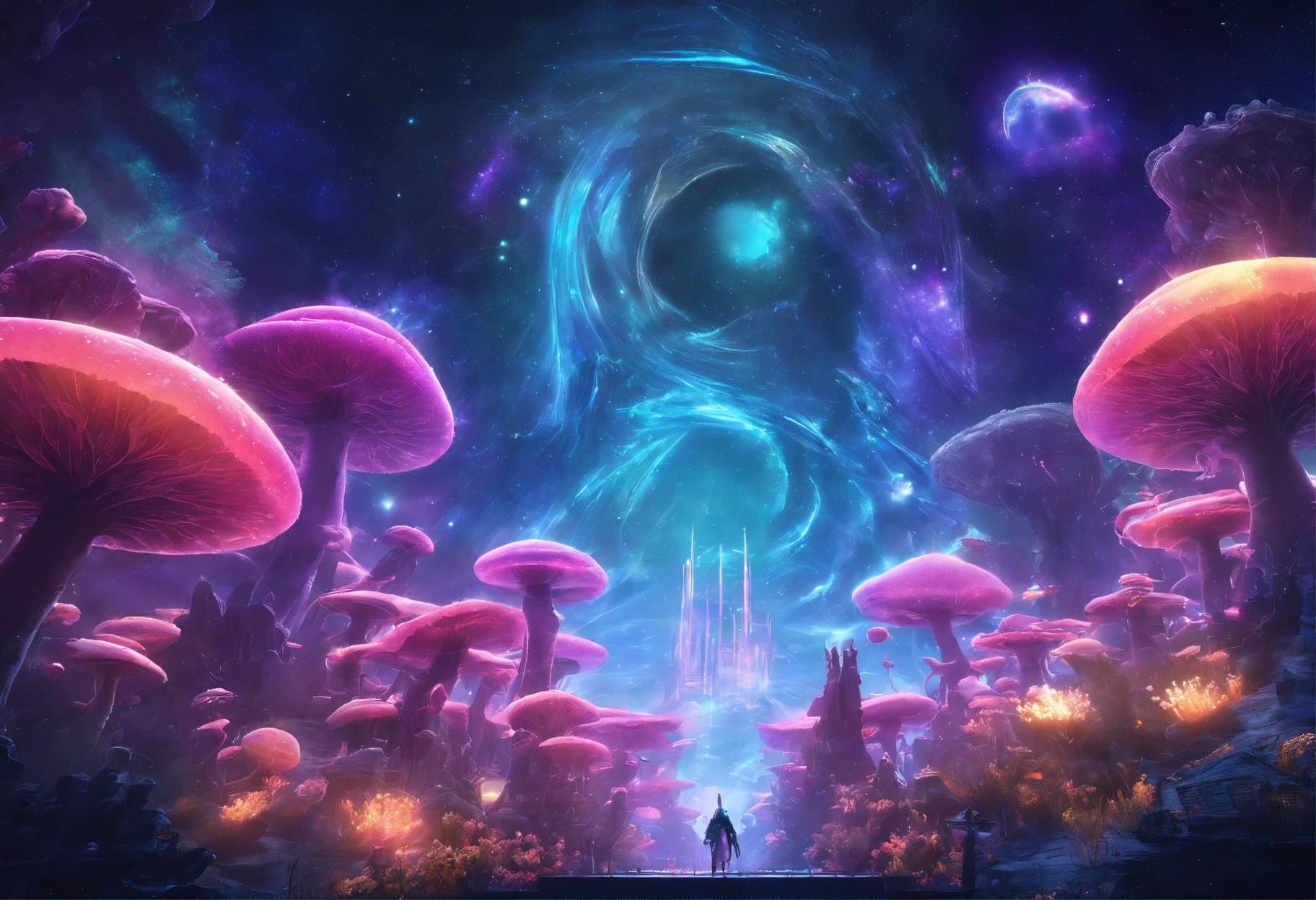 (((Giant rainbow mushroom house emitting auroras,covered with vines,leafs,fresh flowers))),Intense contour light,Luminous inside,Colorful,((Best quality at best)), ((tmasterpiece)),Enhanced dynamic viewing angle,Sparkling creek,(weeds),flowers blooming,glowing effect,ultra - detailed,Works of masters,high high quality,8K分辨率,depth of fields,电影灯光,epic graphics,high high quality,ultra - detailed,Detailed pubic hair,Accurate,电影灯光