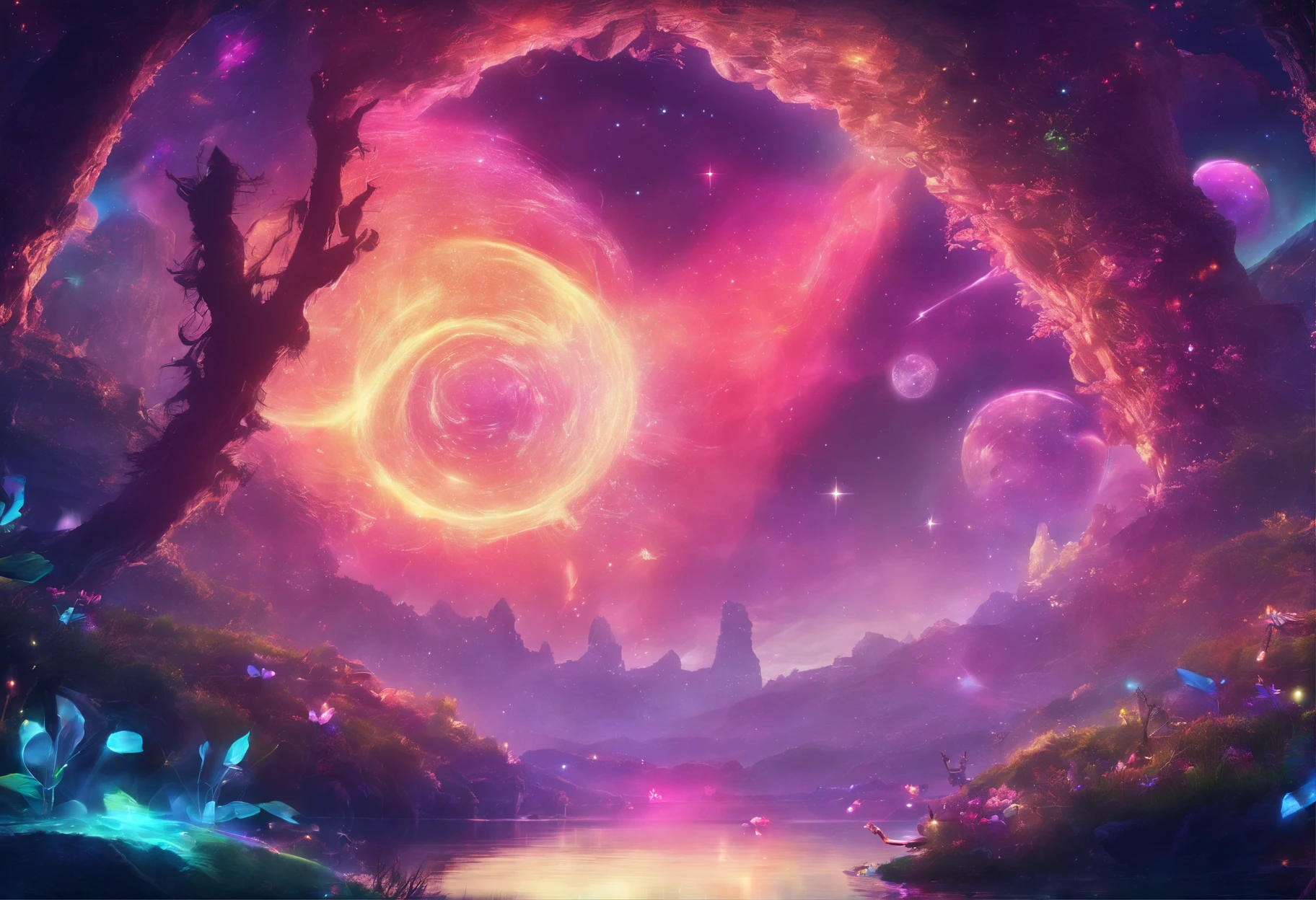 (((Giant rainbow mushroom house emitting auroras,covered with vines,leafs,fresh flowers))),Intense contour light,Luminous inside,Colorful,((Best quality at best)), ((tmasterpiece)),Enhanced dynamic viewing angle,Sparkling creek,(weeds),flowers blooming,glowing effect,ultra - detailed,Works of masters,high high quality,8K分辨率,depth of fields,电影灯光,epic graphics,high high quality,ultra - detailed,Detailed pubic hair,Accurate,电影灯光