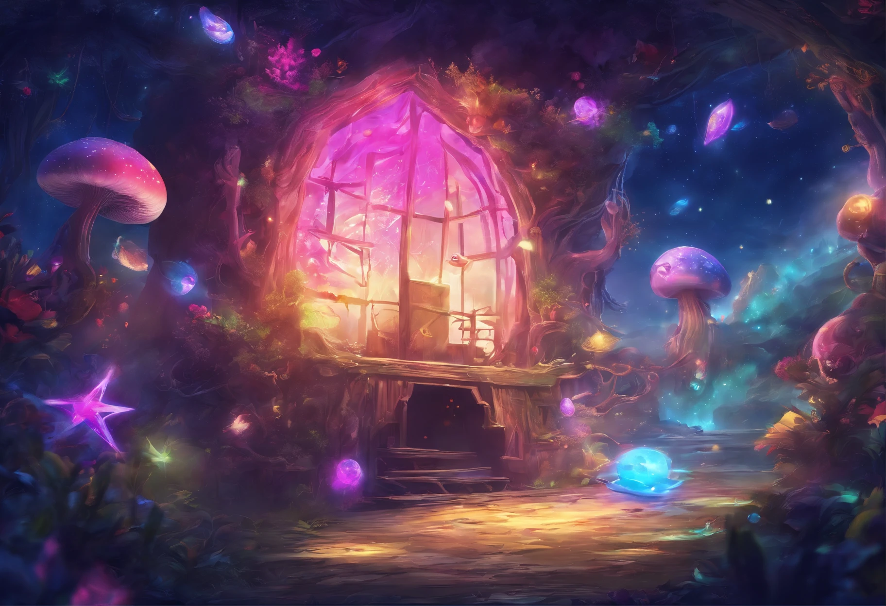 (((Giant rainbow mushroom house emitting auroras,covered with vines,leafs,fresh flowers))),Intense contour light,Luminous inside,Colorful,((Best quality at best)), ((tmasterpiece)),Enhanced dynamic viewing angle,Sparkling creek,(weeds),flowers blooming,glowing effect,ultra - detailed,Works of masters,high high quality,8K分辨率,depth of fields,电影灯光,epic graphics,high high quality,ultra - detailed,Detailed pubic hair,Accurate,电影灯光