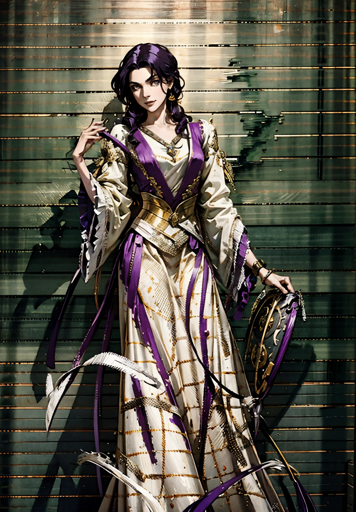 A beautiful young woman, long blue-purple hair, long bangs, ponytail, sharp gaze, a serious expression, a slender and athletic figure, a fantasy martial arts-style two-piece outfit, a fitted qipao-style long skirt, a blue-purple long cloak that almost covers her entire body, adorning her chest is an exquisite jade decorative brooch, purple mist swirls around her, a mysterious atmosphere, this character embodies a finely crafted fantasy martial arts-style female warrior in anime style, exquisite and mature manga art style, high definition, best quality, highres, ultra-detailed, ultra-fine painting, extremely delicate, professional, anatomically correct, symmetrical face, extremely detailed eyes and face, high quality eyes, creativity, RAW photo, UHD, 8k, Natural light, cinematic lighting, masterpiece--perfect, masterpiece:1.5