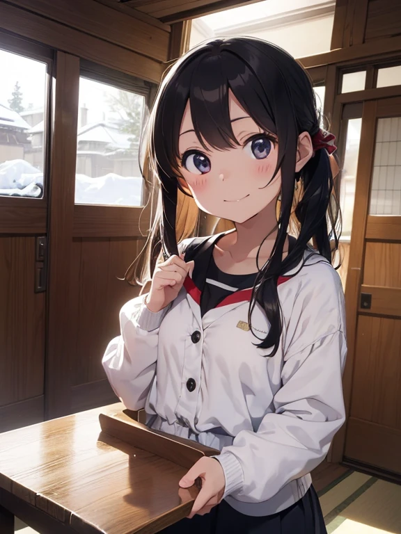 masutepiece, Best Quality, hight resolution,10yaers old,(hashikuji mayoi),Look at me and smile,snow country,Hokkaido child,warm your hands