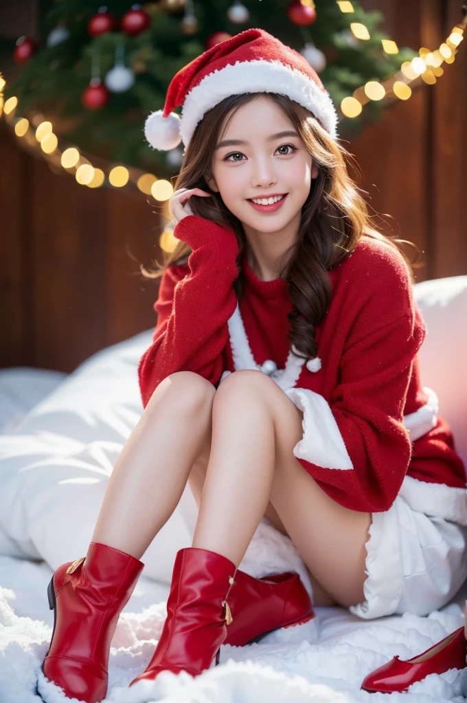 "a cute girl Santa Claus, red shoes, illustrations, ultra-detailed, high-quality (best quality, 4k, 8k, highres, masterpiece:1.2), portrait, vivid colors, warm color tones, realistic (photo-realistic:1.37), festive atmosphere, jingle bells, snowflakes, cozy winter scene, joyful expression, playful posture, winter wonderland, soft lighting, dreamy ambiance"