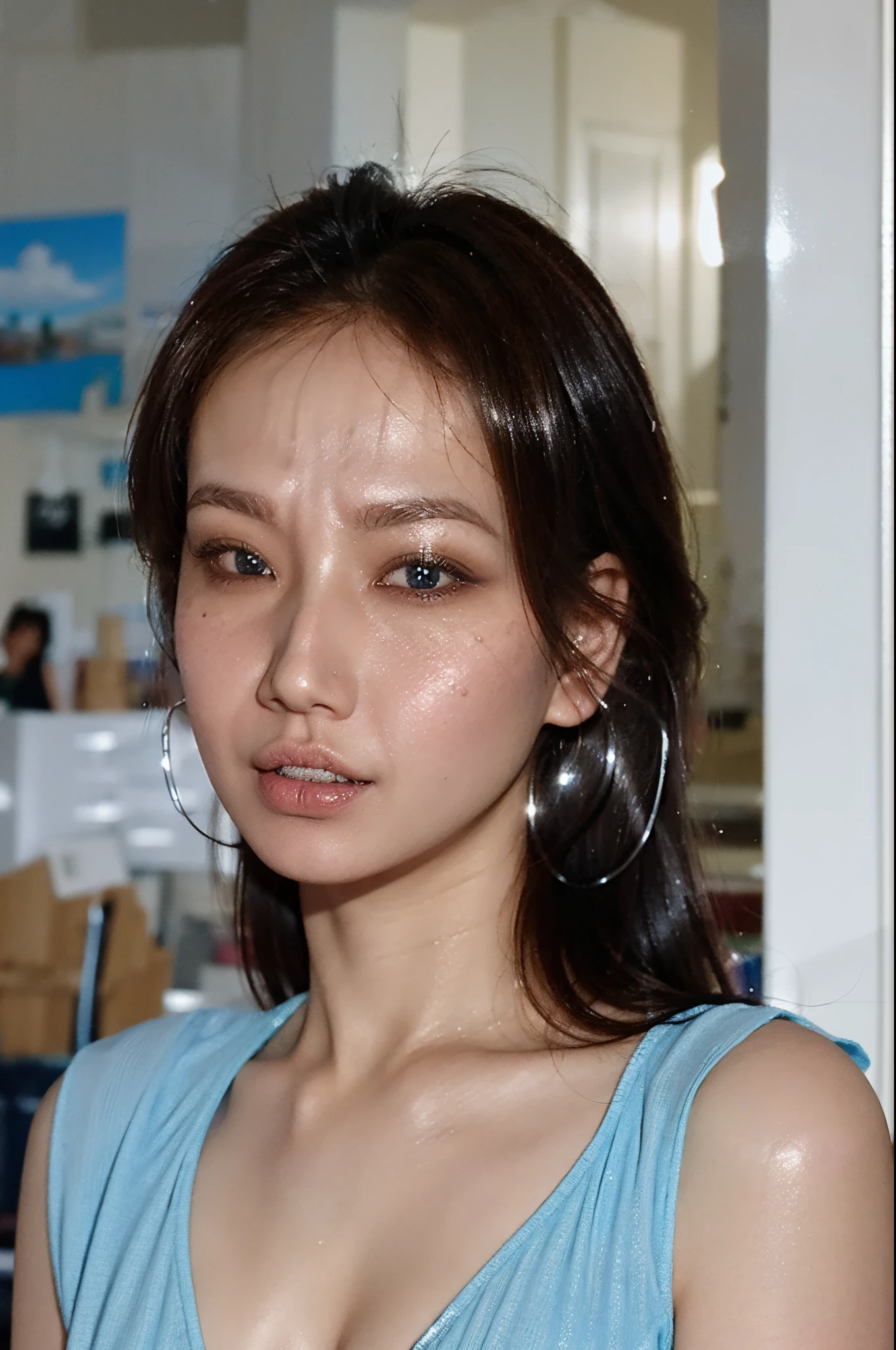 Beautiful asian girl with red lips, Her eyes shone like dreamy stars, glowing blue eyes, beautiful and detailed eyes, RAW photo,(high detailed skin:1), (realistic, photo-realistic:1.37), ultra high res, professional lighting , 8k uhd, dslr , high quality, film grain, Fujifilm XT3, RAW photo,, RAW photo,(high detailed skin:1), (realistic, photo-realistic:1.37), ultra high res, professional lighting , 8k uhd, dslr , high quality, film grain, Fujifilm XT3, RAW photo,