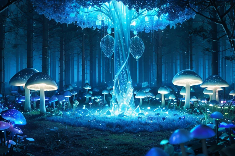 (Best quality,A high resolution),Transparent blue glowing mushroom,3 Rendering,Crystal clear details,vibrant with colors,gentlesoftlighting,Fantastical,Fairytale,obsessed,Whimsical,magical,mistic,Ethereal,Otherworldly,wonderland,glowing spores,an enchanted forest,enchantedgarden,nighttime scene,Fantastical Atmosphere,natural,a plant,Bio-luminescence,Soft glow,luminance,mushroom,semi transparent,illuminated,Exquisite,like a dream,illusion,illuminated,Ethereal tendrils,floating,crooked stem,Soft edges,glow gently,Sparkling particles of light,mistic,mysterious glow,like a dream,tranquil ambiance,Lush vegetation,light wind,peaceful,dispassionate,Magical atmosphere,blueglow,Phosphorescent,stillness,Luminescent fungi,Majestic,Colorful,blue tint,Delicate and beautiful,big breasts enchanting.