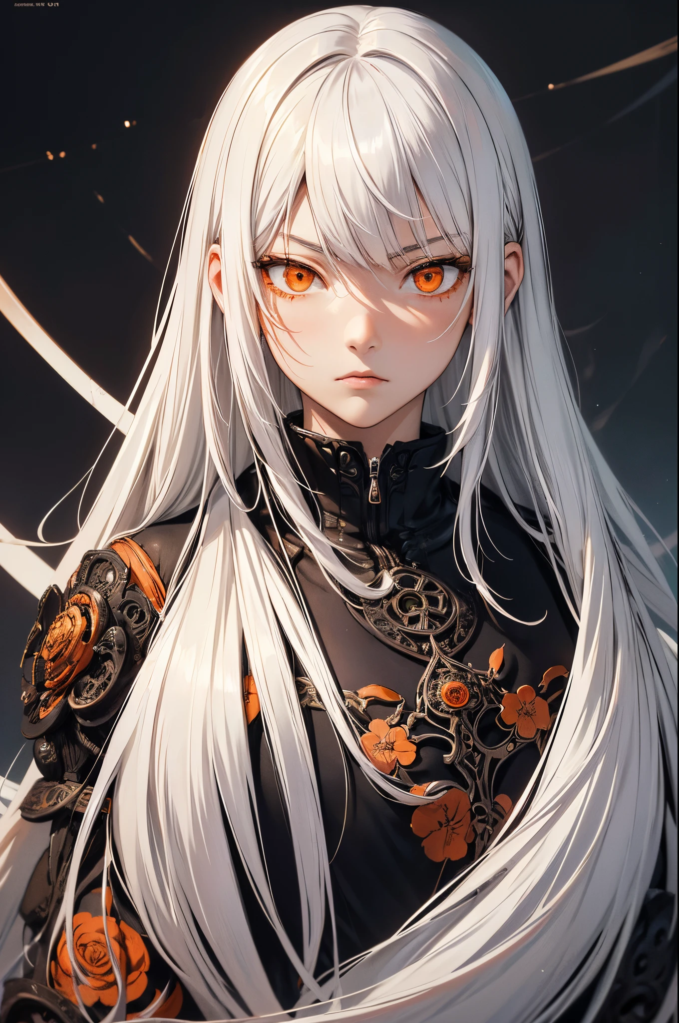 style of Tsutomu Nihei,(incredibly absurdres, (high resolution:1.18), intricate detail, (masterpiece:1.1), (highest quality:1.1), absurdres),(1girl, portrait, white hair, orange eyes, long hair, detailed eyes),