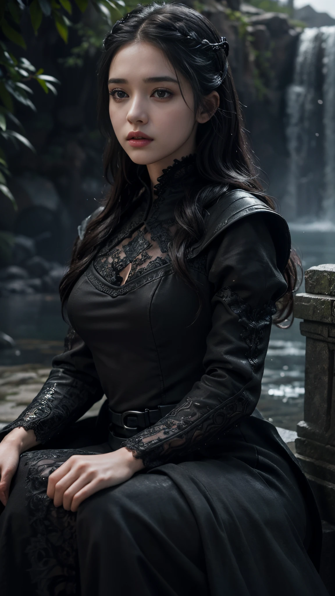 HDR 10, beautiful girl, detailed eyes, detailed lips, very long hair, black hair, ultra detailed texture, water drops, outdoors, game of thrones, black heavy dress, (high detailed black dress:1.5), lace, loops, soft lighting, attractive poses,