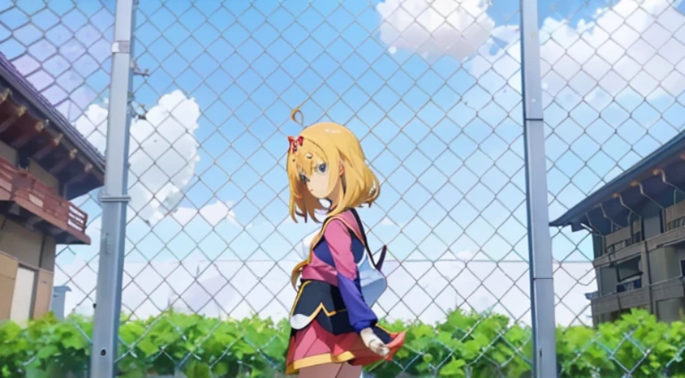 Anime girl standing in front of the fence looking at the building, Anime visuals of a cute girl, anime visual of a young woman, Still from TV animation, in the anime film, animation still frame, in distance, Today’s recommended anime is still, looking at the distance, ( ( ( Ji Chengyao ) ) ), anime still frame, Official animation stills
