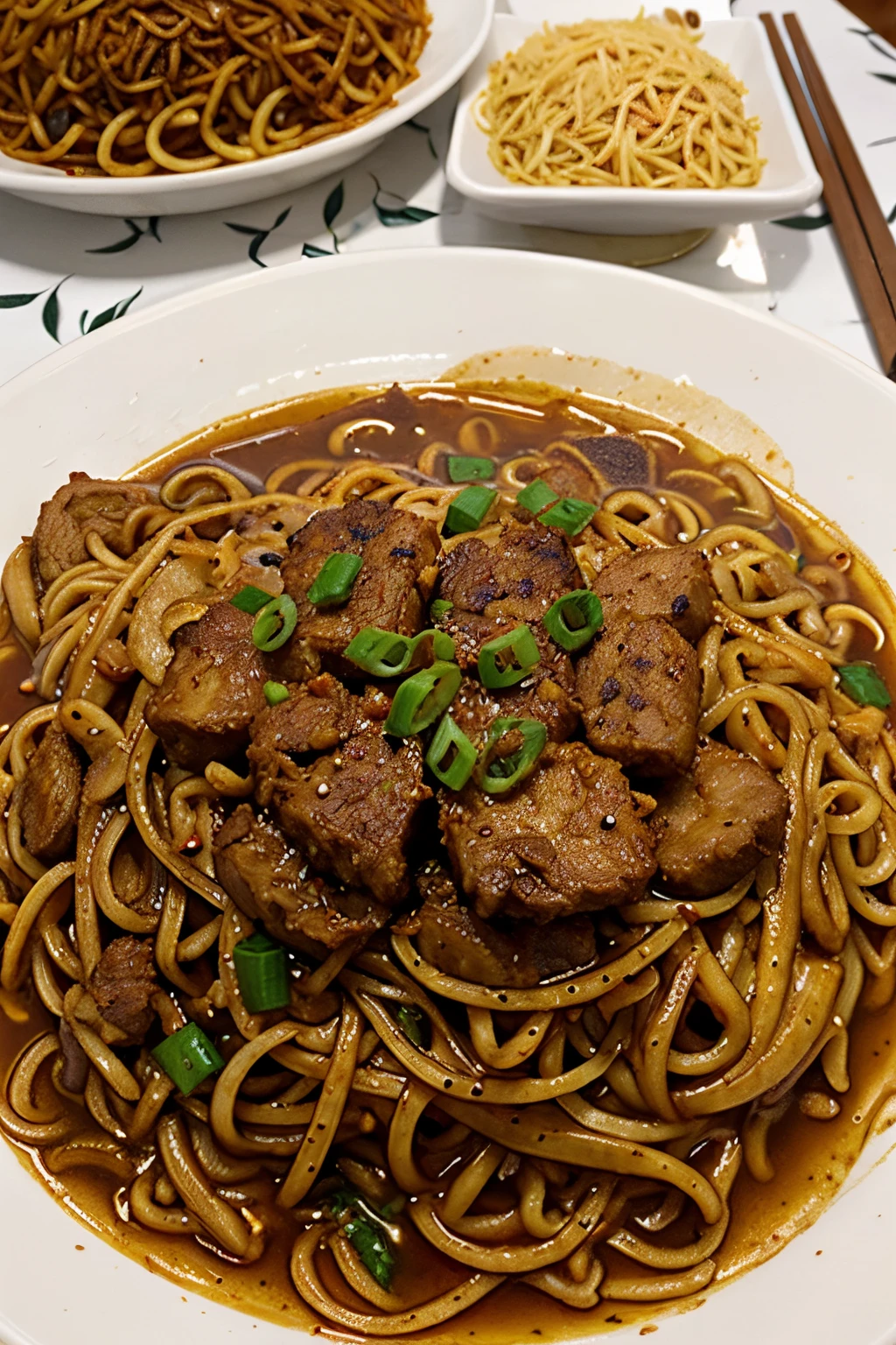Close up one plate of realistic delicious brownish malaysia's mamak fried noodle