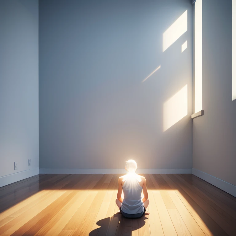 An introspective self-discovery scene in a minimalist room, a person sitting in meditation, surrounded by soft diffused light, a calm and focused atmosphere enhancing the internal journey, Illustration, digital art with clean lines and subtle gradients, --ar 16:9 --v 5