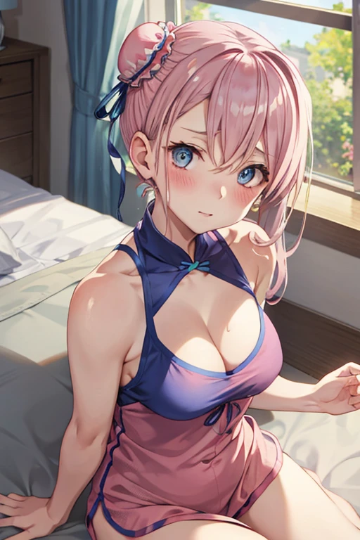 mmfate1, cleavage, blush, pink hair,blue eyes, tank top, short shprts, sitting, bedroom ,window, single hair bun, bun cover, blue bun cover,asymmetrical hair,