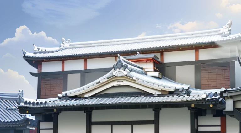 There is a white building,There is a roof,There is a clock on it, edo style, Inspired by Dongyang, Selangor, Japanese house, Flared Japanese black tile roof, the roof, tiled roofs, Japan architecture, Ehime, japanese-inspired, Stone roof, simple gable roofs, Edo is, Large tube wood peach style