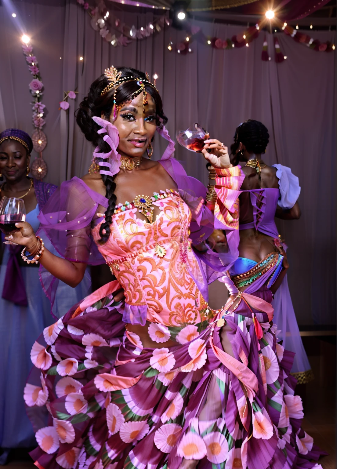 there is a woman in a colorful dress dancing with a glass of wine, traje somali, usando um vestido africano, she is dressed as a belly dancer, usando um vestido feito de contas, other women dancing behind, em um vestido elaborado extravagante, an ahoge stands up on her head, em um vestido extravagante, vestindo chiton floral rosa, as though she is dancing