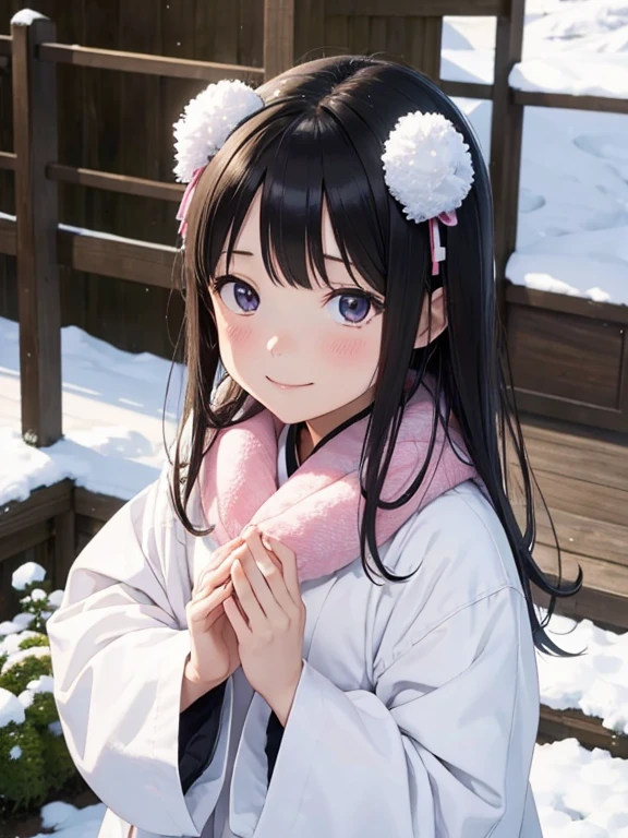 masutepiece, Best Quality, hight resolution,10yaers old,(hashikuji mayoi),Look at me and smile,snow country,child of hokkaido,warm your hands with your breath,White breath