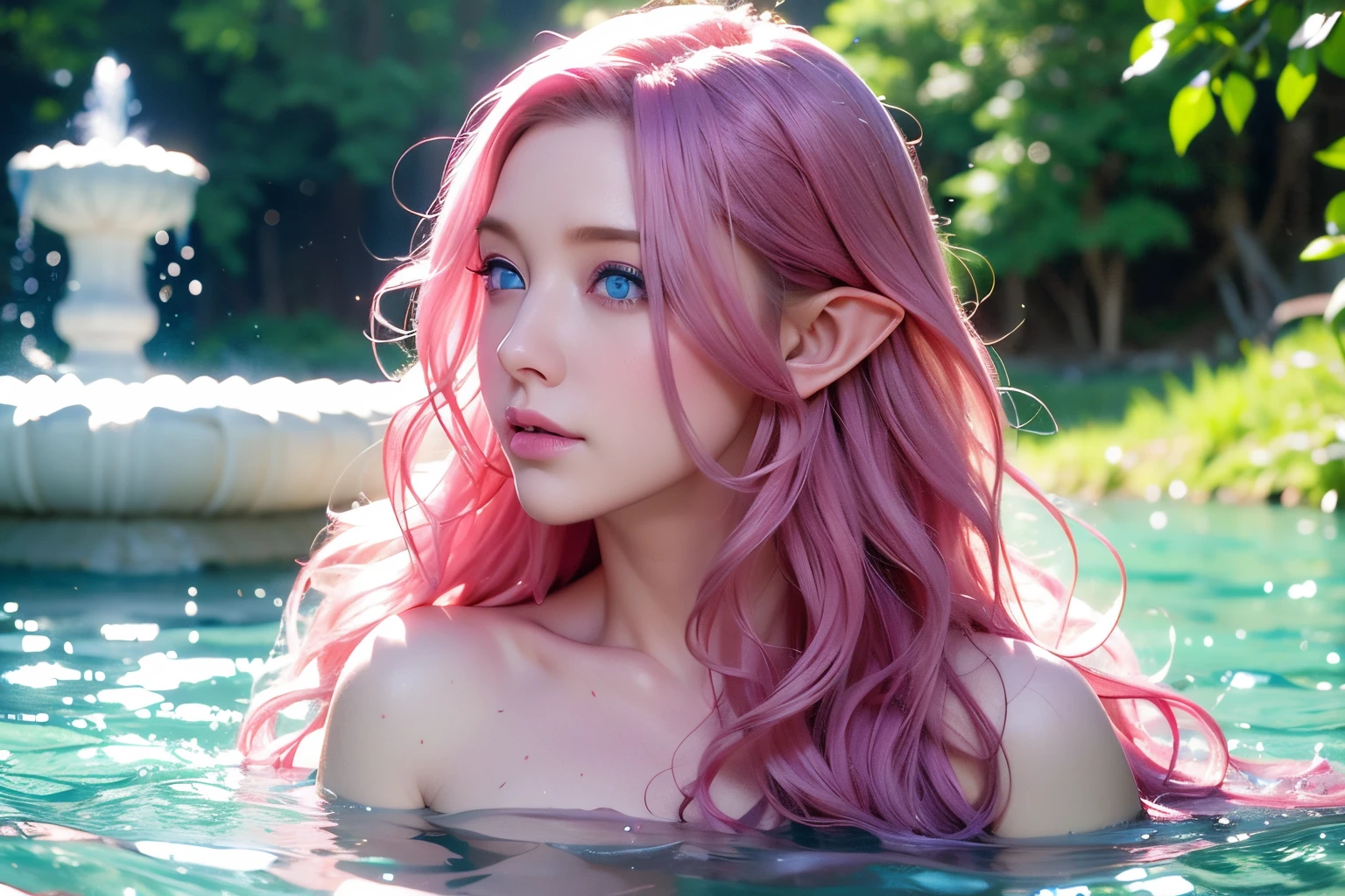(abyss) 1girl bangs bare shoulders breasts cleavage cleavage cutout closed eyes crescent crescent facial mark double bun dress facial mark facing viewer forehead mark horns long hair medium breasts parted bangs partially submerged pink hair red hair solo very long hair wading water