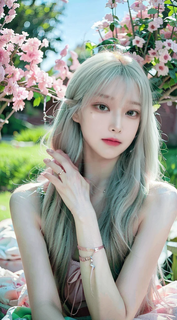 (highres:1.2),vivid colors,mint green hair flowing,beautiful detailed pink eyes,long lashes,pale skin,soft and delicate features,ethereal atmosphere,dreamy background,lush green garden,flowers blooming,colorful butterflies dancing in the air,faint aroma of mint,whispering breeze,peaceful and calm ambiance,serene expression on the face