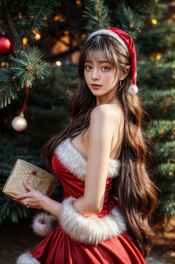 masterpiece、8K、32K、top-quality、(A detailed eye)、(A cute Japanese woman、bangss)、23years old、1 girl in、elegent、(Detailed background depiction、portlate:1.2)、(Christmas tree:1.2)、natta、(Santa Claus Costume:1.2)、(illuminations:1.3)、cowboy shot、ssmile、(hold your hand)