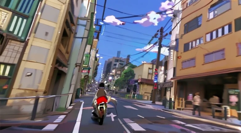 Anime scene of a man riding a motorcycle along a city street, anime scene, the anime girl is running, tokyo anime anime scene, anime style cityscape, Still from TV animation, Screenshots from the 2012 animation, from yowamushi pedal, in style of kyoto animation, beautiful anime scenes, Screenshot of the animated movie, hd anime cityscape