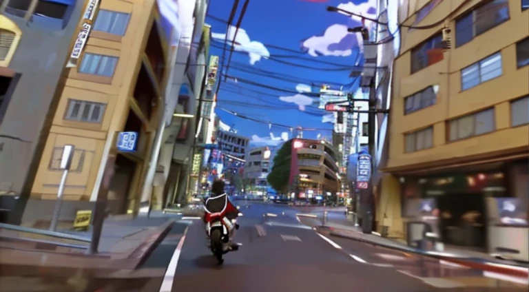 Anime scene of a man riding a motorcycle along a city street, anime scene, the anime girl is running, tokyo anime anime scene, anime style cityscape, Still from TV animation, Screenshots from the 2012 animation, from yowamushi pedal, in style of kyoto animation, beautiful anime scenes, Screenshot of the animated movie, hd anime cityscape