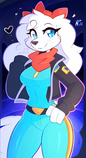 fayspaniel, furry female anthro, portrait, close-up, red bow, aqua jumpsuit, cropped jacket, grey jacket, red scarf, belt, solo, (body fur:1.2), (best quality), (detailed space jet background:1.2), dramatic lighting, (detailed fluffy fur:1.1), looking at viewer,  medium breasts,  white ears, ((by Kilinah, by Coffeesoda, by Hioshiru, by Kilinah)), full body