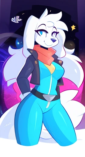 fayspaniel, furry female anthro, portrait, close-up, red bow, aqua jumpsuit, cropped jacket, grey jacket, red scarf, belt, solo, (body fur:1.2), (best quality), (detailed space jet background:1.2), dramatic lighting, (detailed fluffy fur:1.1), looking at viewer,  medium breasts,  white ears, ((by Kilinah, by Coffeesoda, by Hioshiru, by Kilinah)), full body