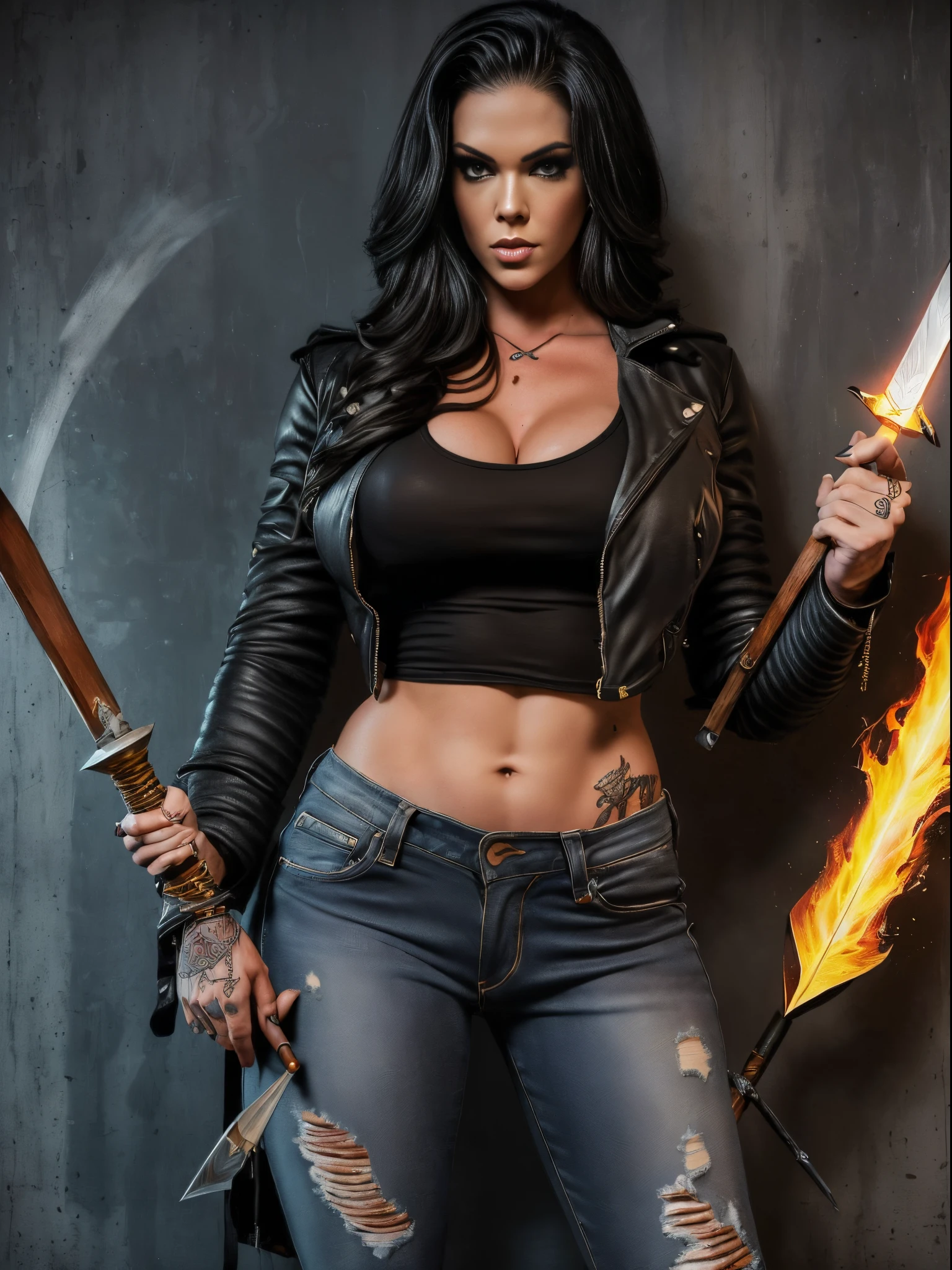 Very aesthetic inkpunk illustration, Alison Tyler, (((wielding a magic spear in his right hand))), sentada em uma cadeira simples, corpo inteiro, separated-lips, ,(((jaqueta de couro preta com rebites))) , ripped jeans, camiseta branca, , fundo da parede com graffiti, Arte por Mschiffer