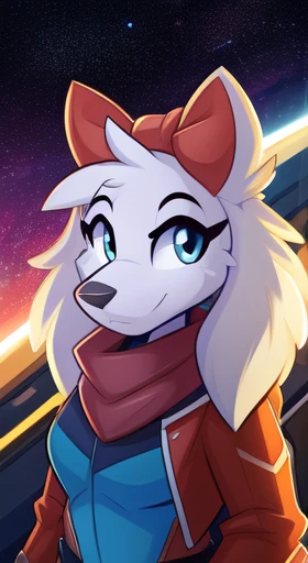 fayspaniel, furry female anthro, portrait, close-up, red bow, aqua jumpsuit, cropped jacket, grey jacket, red scarf, belt, solo, (body fur:1.2), (best quality), (detailed space jet background:1.2), dramatic lighting, (detailed fluffy fur:1.1), looking at viewer,  medium breasts,  white ears, ((by Kilinah, by Coffeesoda, by Hioshiru, by Kilinah)), full body