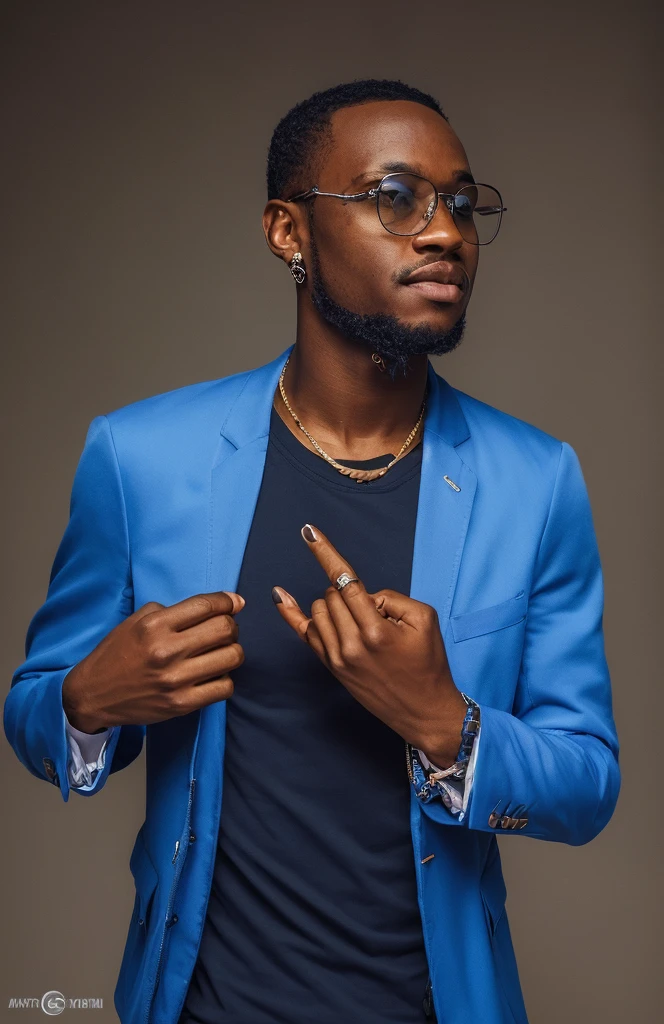 there is a man wearing a blue jacket and glasses posing for a photo, making a stylish pose, hi brand (Akwaaba Tommy), Promotional Shoot, stylish pose, high quality portrait, Studio photo in style, photo shoot, Close Up photo portrait, an artistic pose, with a cool pose, promotional photoshoot, handsome young black hip hop man, Photo from a promotional shoot