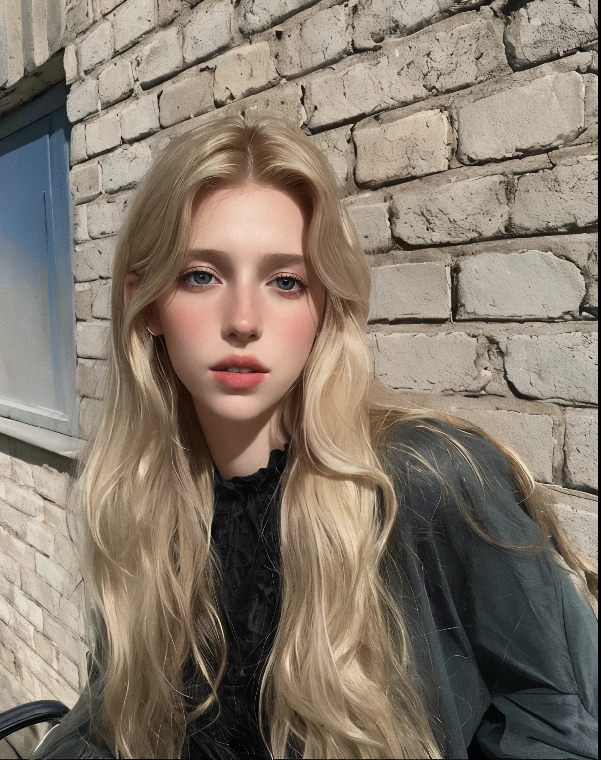 mujer rubia con el pelo largo parada frente a una pared de ladrillos, pale skin curly blond hair, Beautiful Nordic woman, con cabello largo y rubio, inspired by Louisa Matthíasdóttir, pale, shiny skin, Una chica con cabello rubio, por Maud Naftel, por Anna Boch, por Anna Haifisch, Mujer sueca rubia, Marthe Jonkers