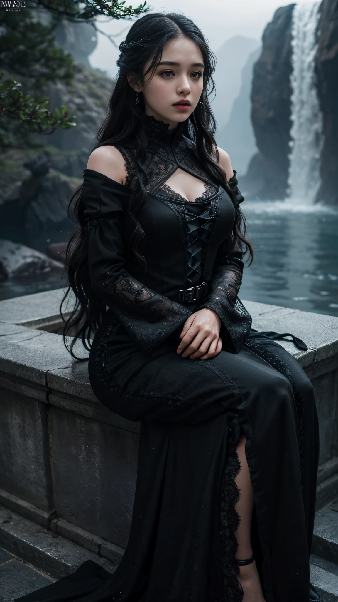 HDR 10, beautiful girl, detailed eyes, detailed lips, very long hair, black hair, ultra detailed texture, water drops, outdoors, game of thrones, black heavy dress, (high detailed black dress:1.5), lace, loops, soft lighting, sitting,