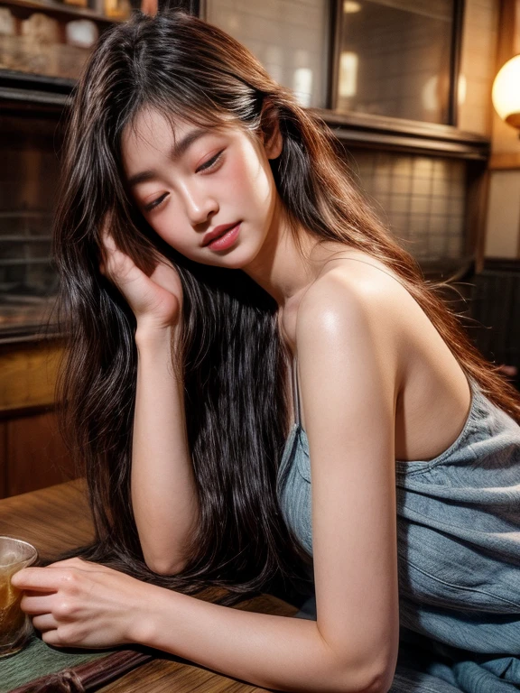 ​masterpiece、8K、32K、top-quality、(A detailed eye)、(A cute Japanese woman、bangss)、23years old、1 girl in、elegent、(Detailed background depiction、portlate:1.2)、(blushed face、sleepy、ssmile:1.5)、Be undress、(Izakaya、Inside a store with many people:1.3)、sitting on、(Yakitori and alcohol on the table:1.4)、cowboy  shot、(blushed face:1.2)