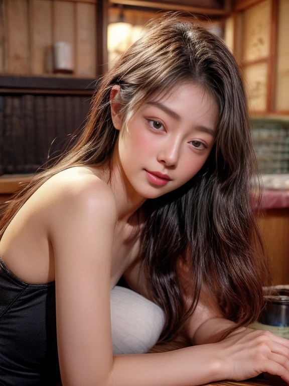 masterpiece、8K、32K、top-quality、(A detailed eye)、(A cute Japanese woman、bangss)、23years old、1 girl in、elegent、(Detailed background depiction、portlate:1.2)、(blushed face、sleepy、ssmile:1.5)、Be undress、(Izakaya、Inside a store with many people:1.3)、sitting on、(Yakitori and alcohol on the table:1.4)、cowboy shot、(blushed face:1.2)
