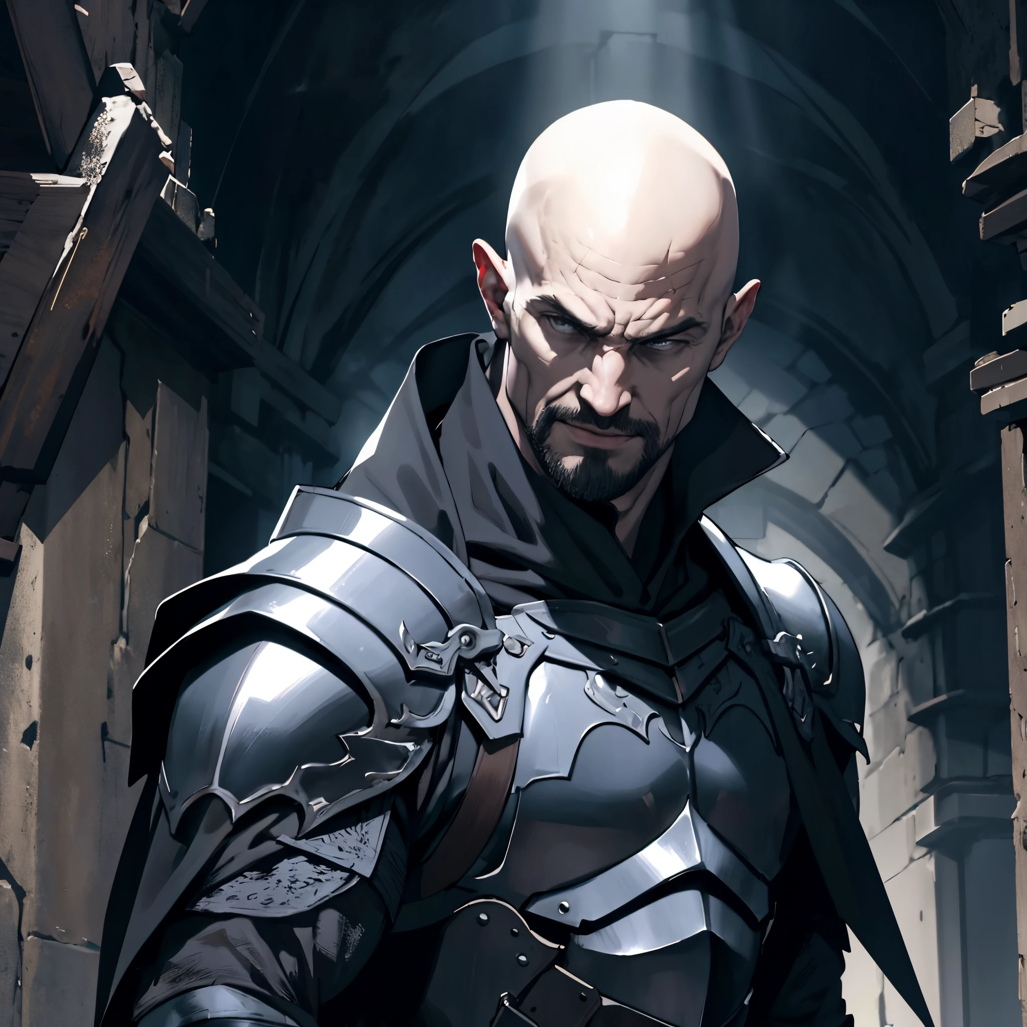 ​masterpiece,Best Quality, detailed,Close-up of a person&#39;Upper body body, 4k, Cinematics, Background with:Stairs inside a dark cave inside a medieval castle, Middle-aged bald knight in black bat-shaped armor